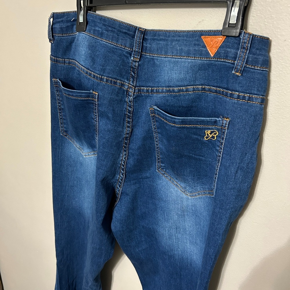 Red Bottoms Flare Jeans Womens 34X30 Blue Raw Hem High Rise Denim Retro Y2k Boho - Picture 3 of 11